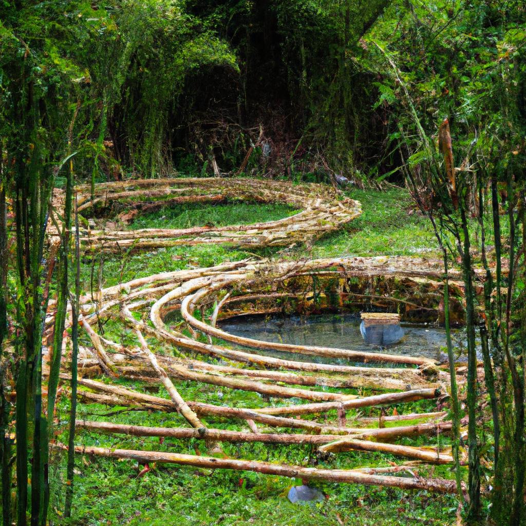 The serene bamboo maze with a pond in the center