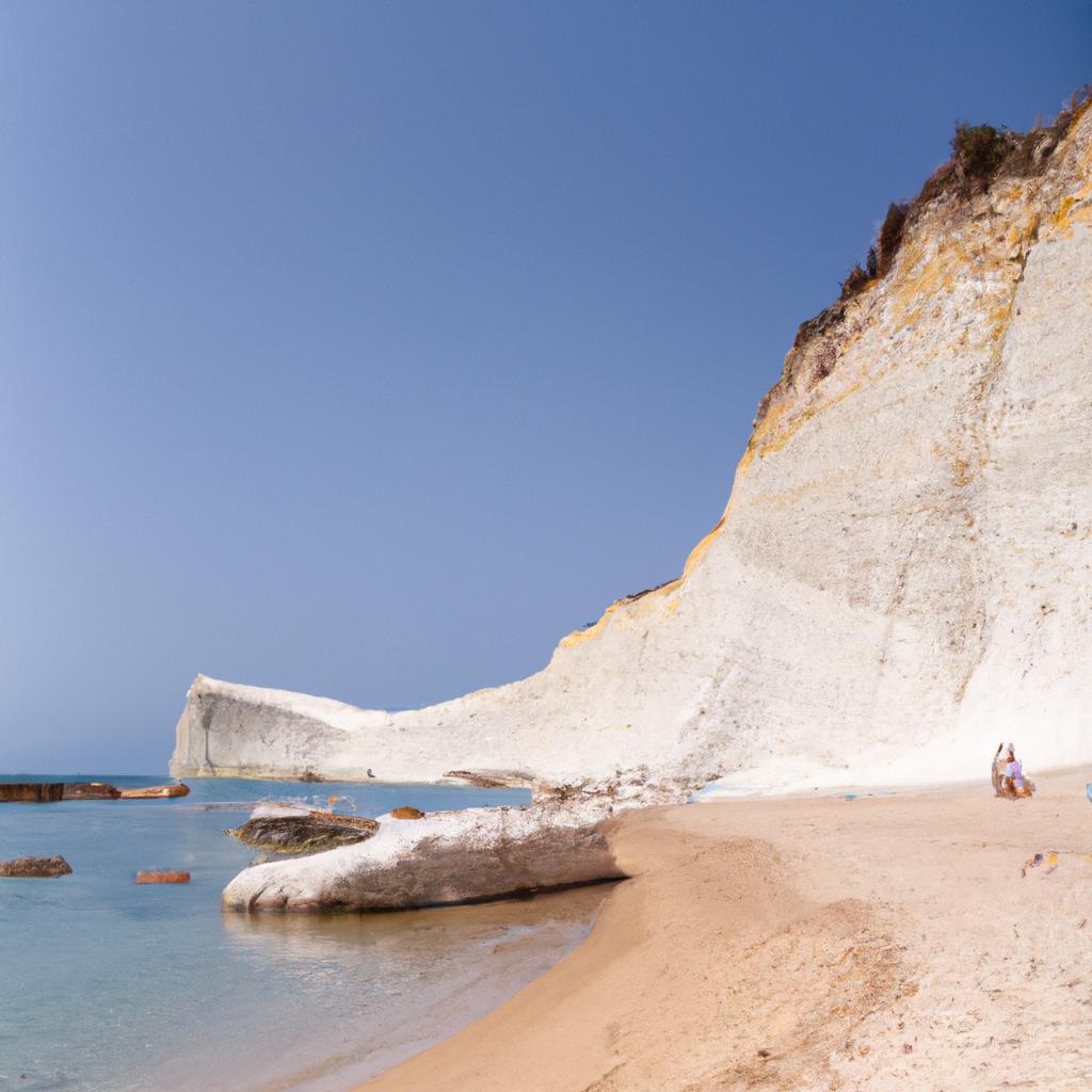 Visitors enjoy a peaceful day at the beach, lounging under the towering Sicily White Cliffs