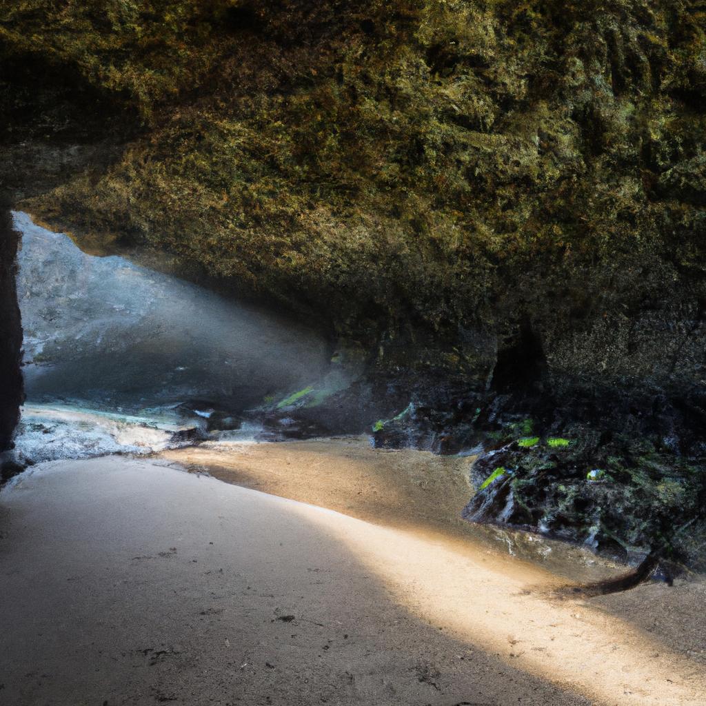 The sunlight streaming into this cave creates a magical atmosphere on the beach