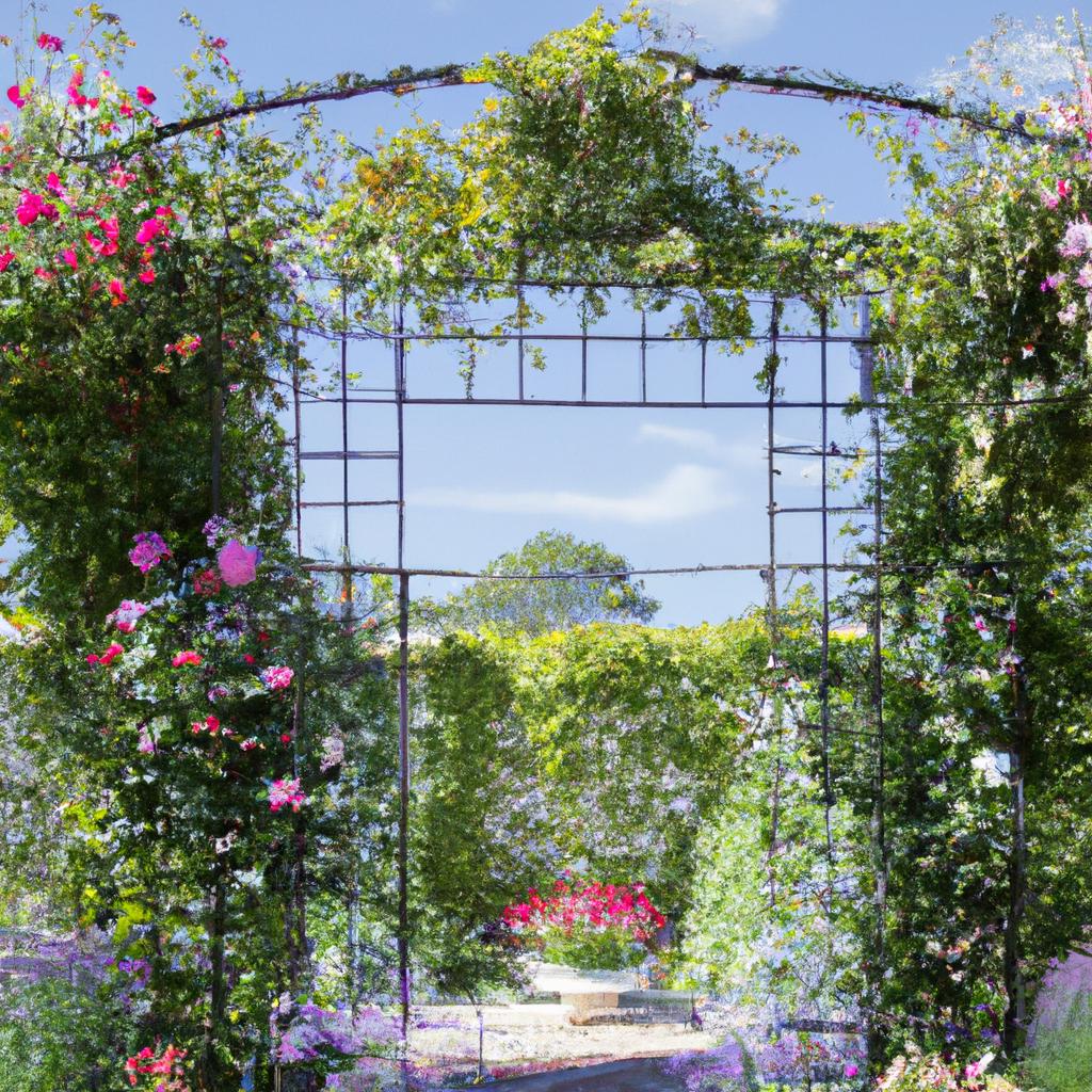 A beautiful garden with a trellis covered in vines and flowers.