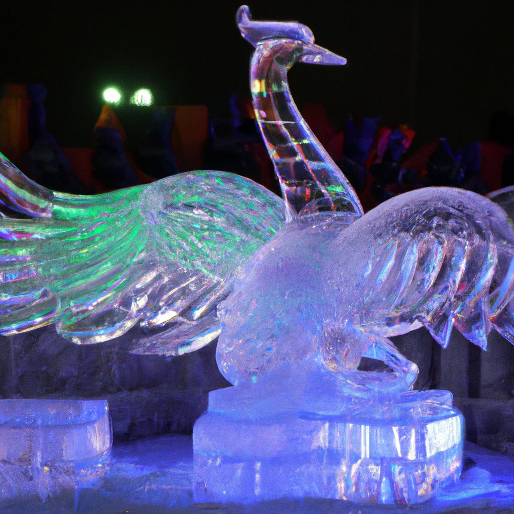 A stunning peacock ice sculpture in Harbin.