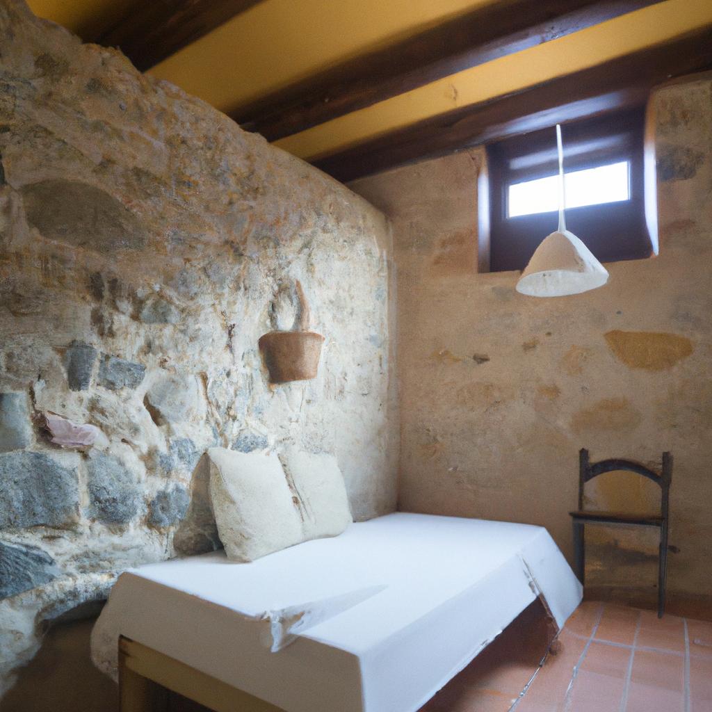 This bedroom in a rock house Portugal interior features a cozy bed nestled against the stone walls and a warm, earthy color scheme.