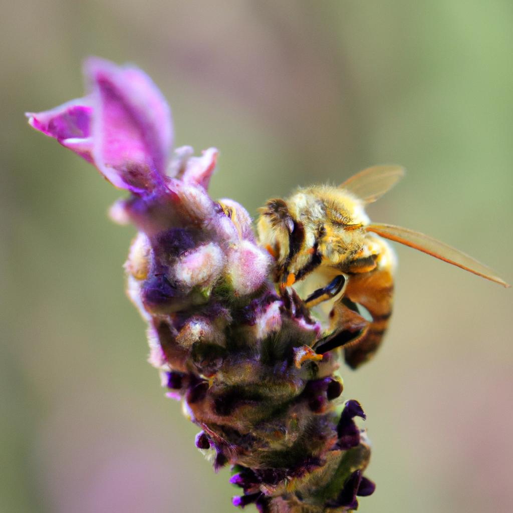 A fuzzy black and yellow bee is collecting nectar from a purple lavender flower in a garden