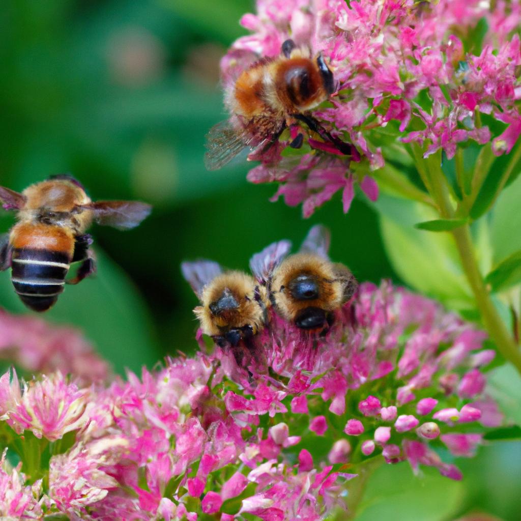 Busy bees hard at work pollinating flowers in a garden