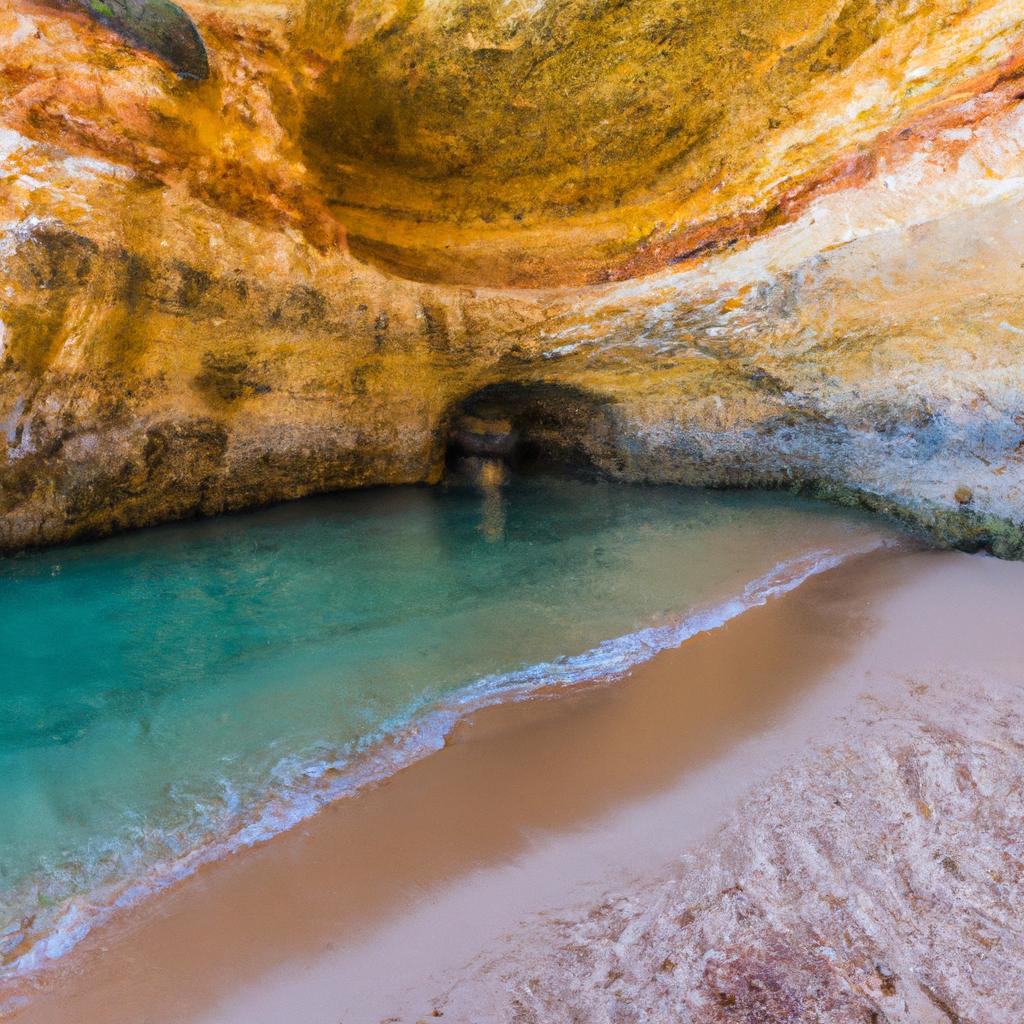 The interior of Benagil Sea Cave is just as stunning as the exterior, with crystal clear water and a sandy beach that invites visitors to take a dip and soak in the natural beauty of the cave.