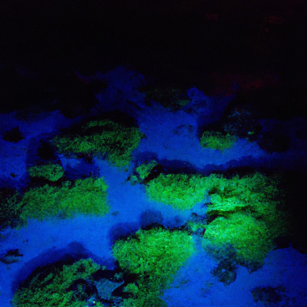 The bioluminescent plankton creates a stunning light show at night in the coral reef.
