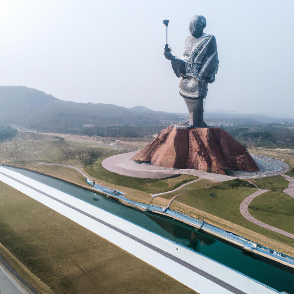 A bird's eye view of the Statue of Unity in India highlights its impressive height and scale, standing at 182 meters tall.