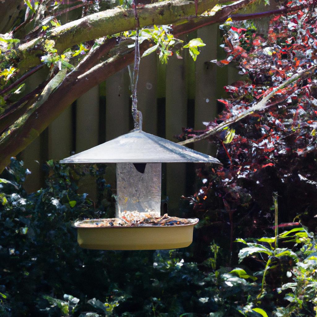 A bird feeder filled with seeds hanging from a tree in the garden.