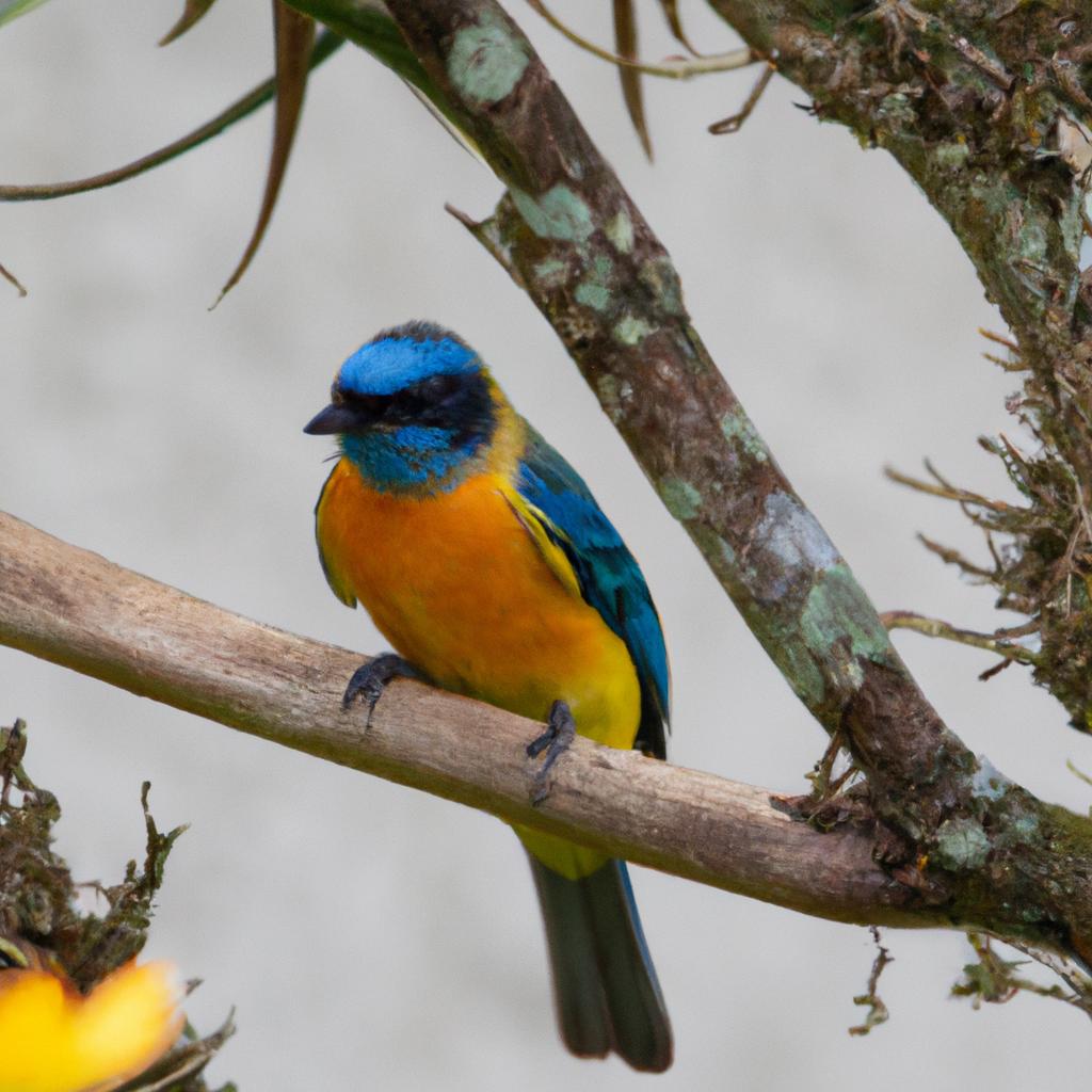 A vibrant bird resting on a branch in a garden