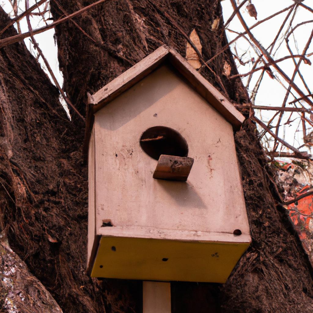A wooden birdhouse on a tree branch, providing shelter and nesting opportunities for birds.