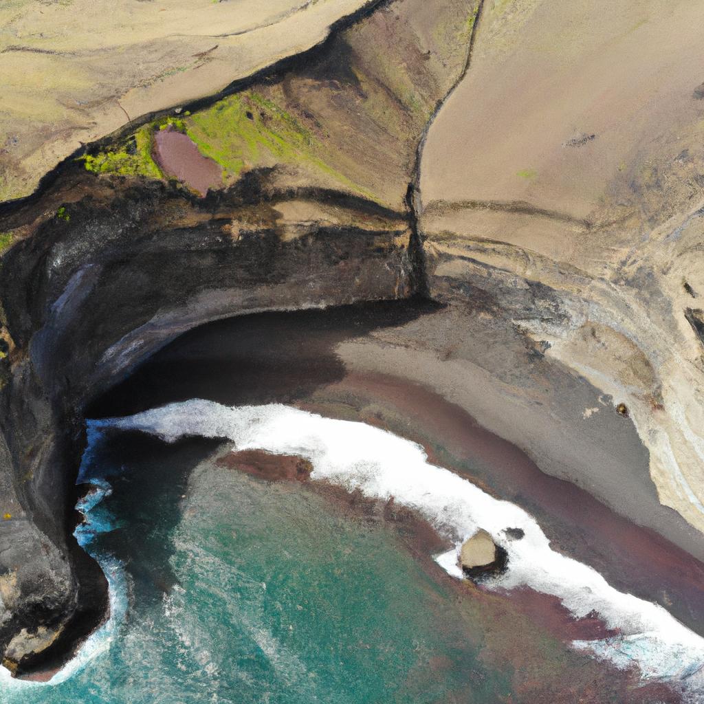 The awe-inspiring view of the Green Sand Beach in Galapagos from above, showcasing the rugged cliffs and unique rock formations