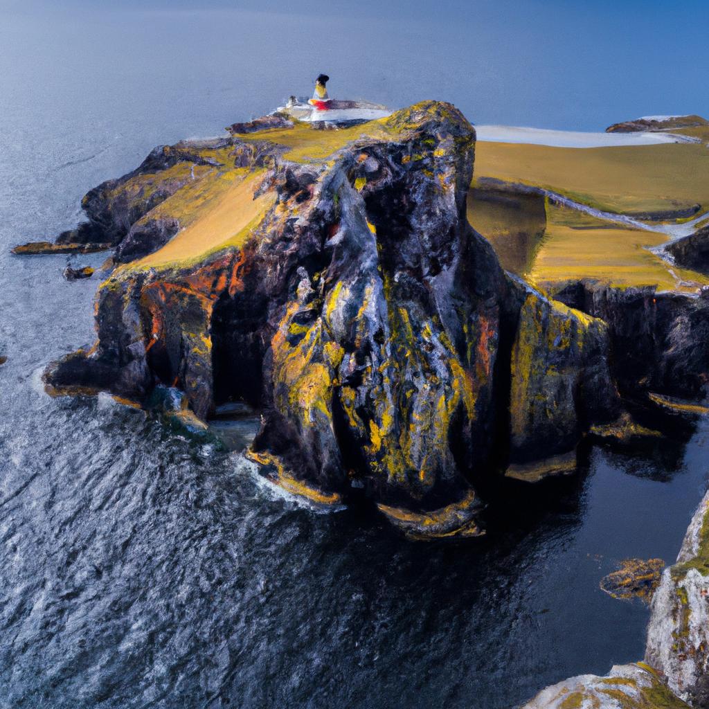 The bird's eye view of Neist Point Lighthouse and the surrounding landscape is an awe-inspiring sight.