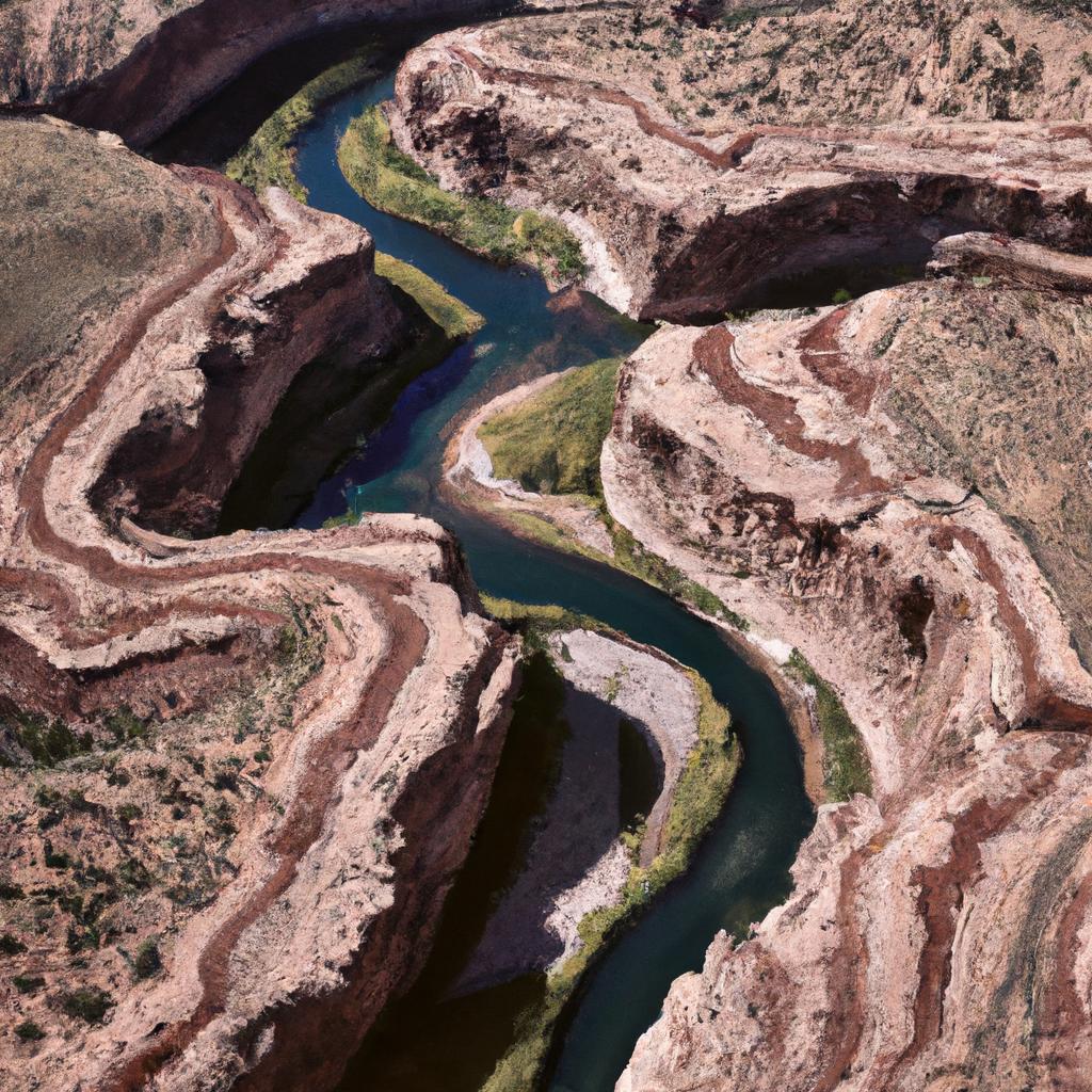 A breathtaking bird's-eye view of a winding river cutting through a majestic canyon