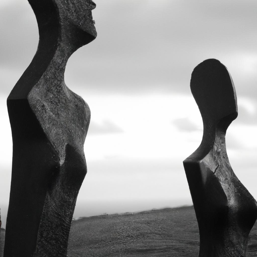 A monochromatic shot of Tamara Kvesitadze's 'Man and Woman' sculpture, accentuating its dramatic contrast.