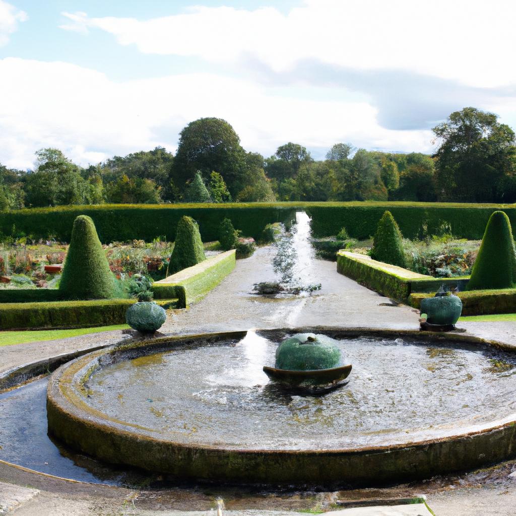 A botanical garden filled with vibrant flowers, intricate hedges and cascading fountains