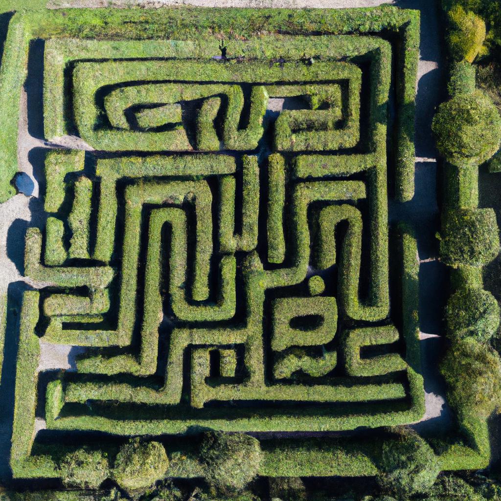 The aerial view of the large hedge maze in the botanical garden