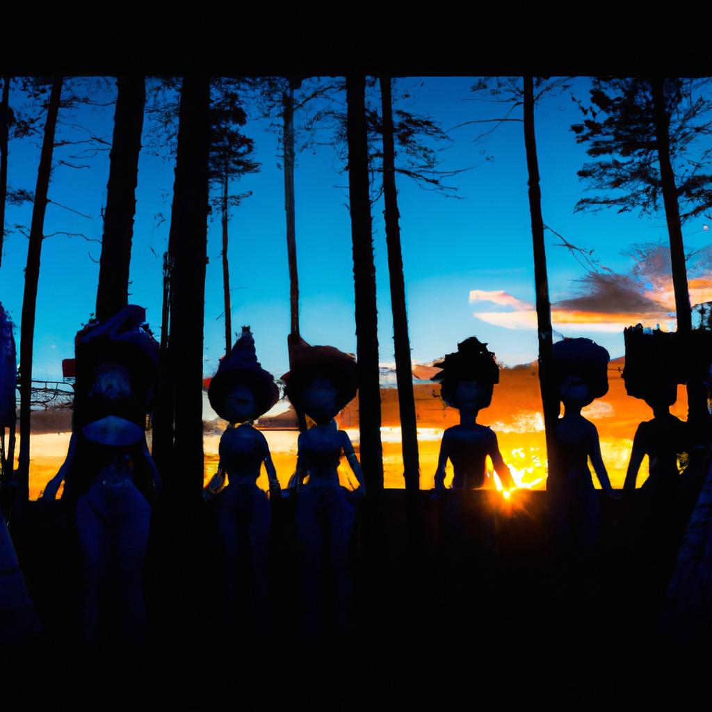 A breathtaking view of the eerie yet captivating forest of dolls during sunset