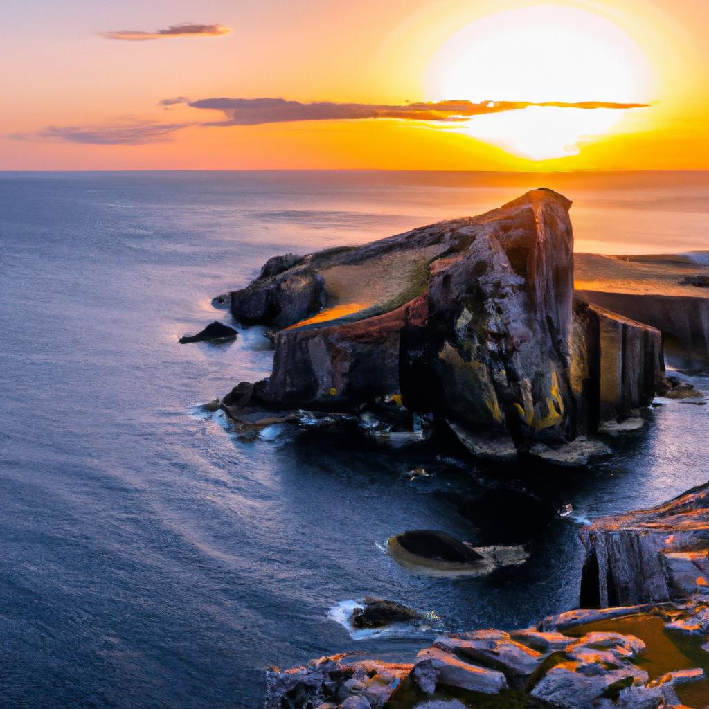 The sunset over Neist Point Lighthouse is a sight to behold, with vibrant colors painting the sky and sea.