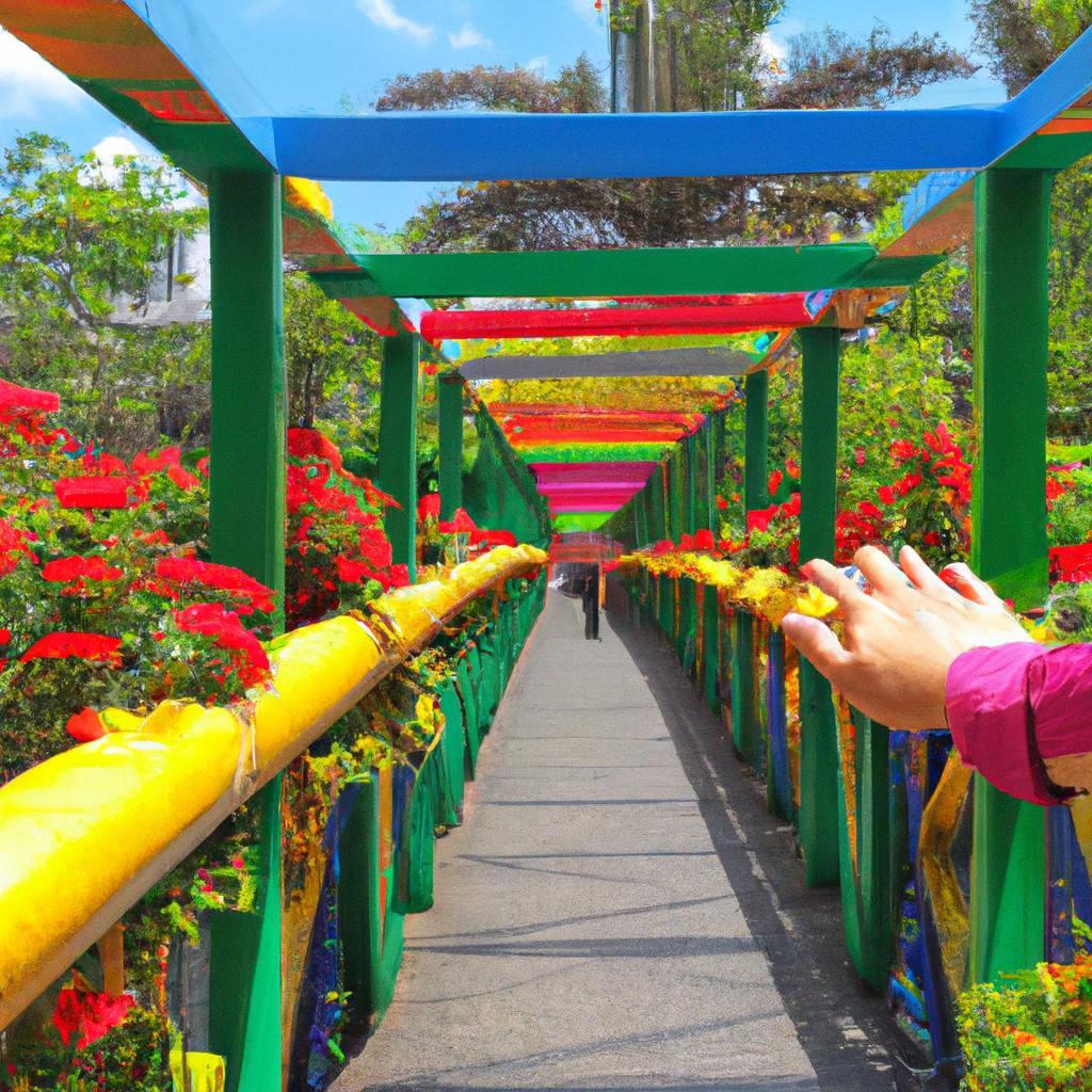 A bridge held by hands with beautiful flowers and plants on the sides