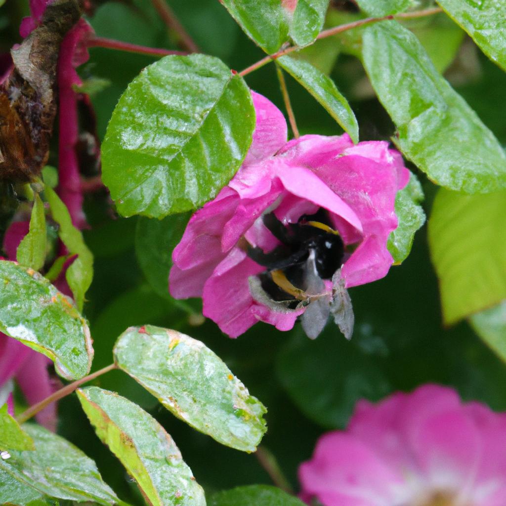 A bumblebee covered in pollen from a rose in a garden