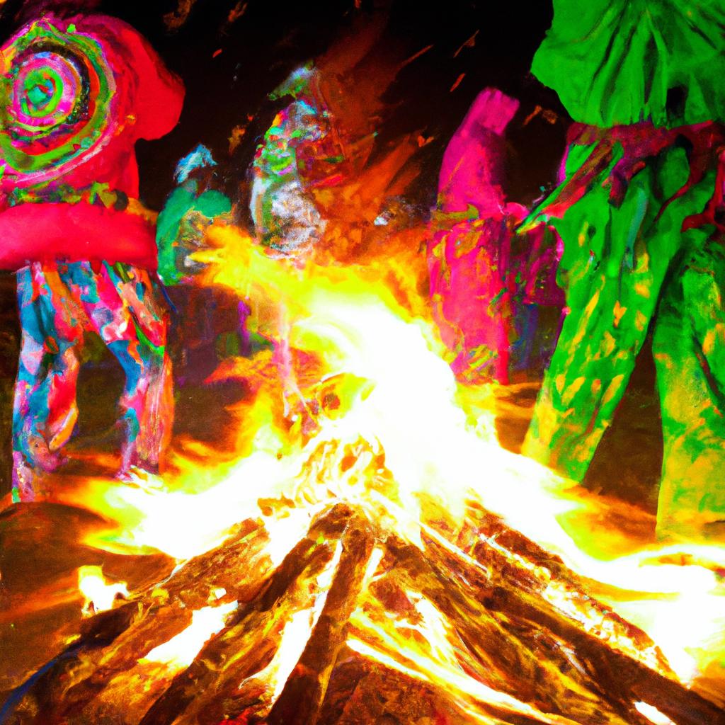 A vibrant group of Burn Man attendees celebrating around a bonfire