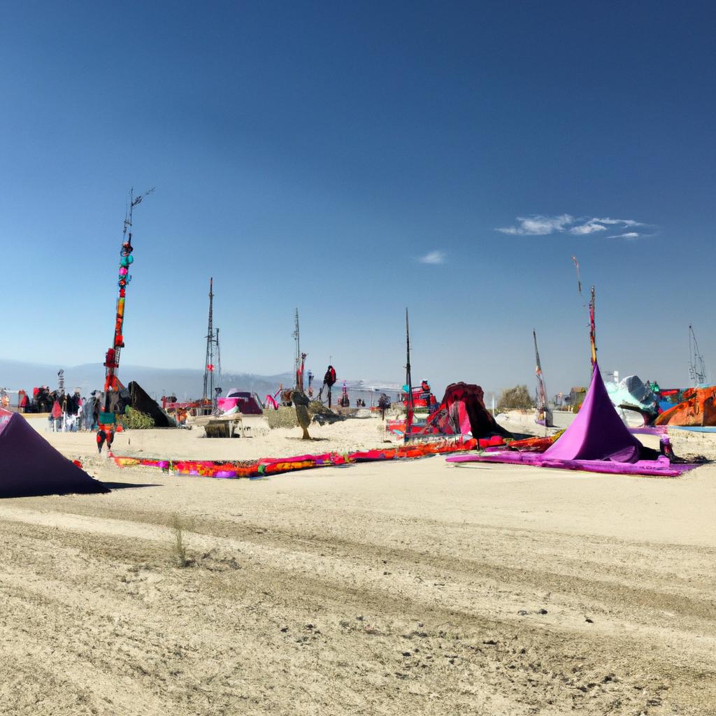 A surreal landscape of colorful tents and art installations at Burn Man