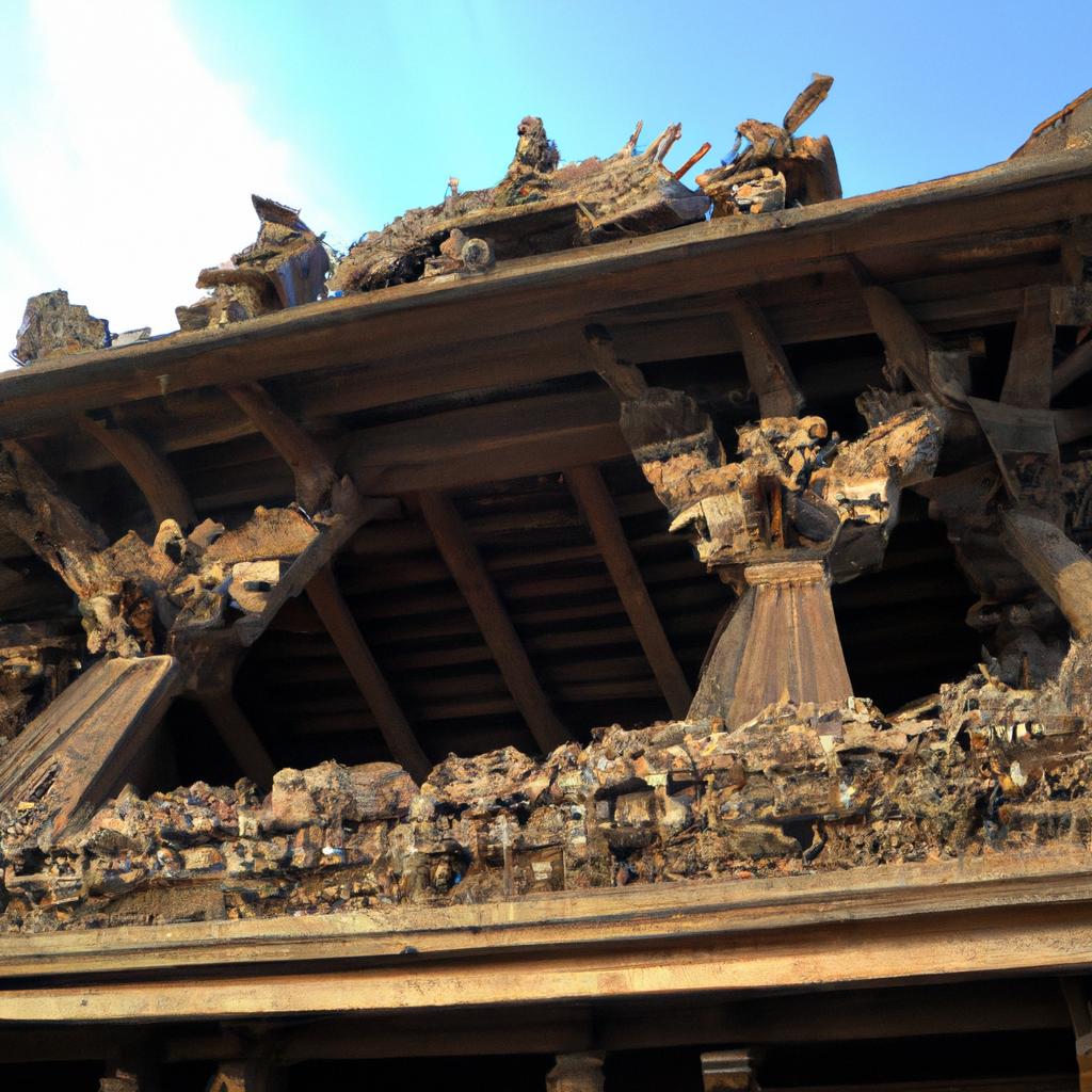 A majestic wooden temple structure with intricate carvings at Burn Man