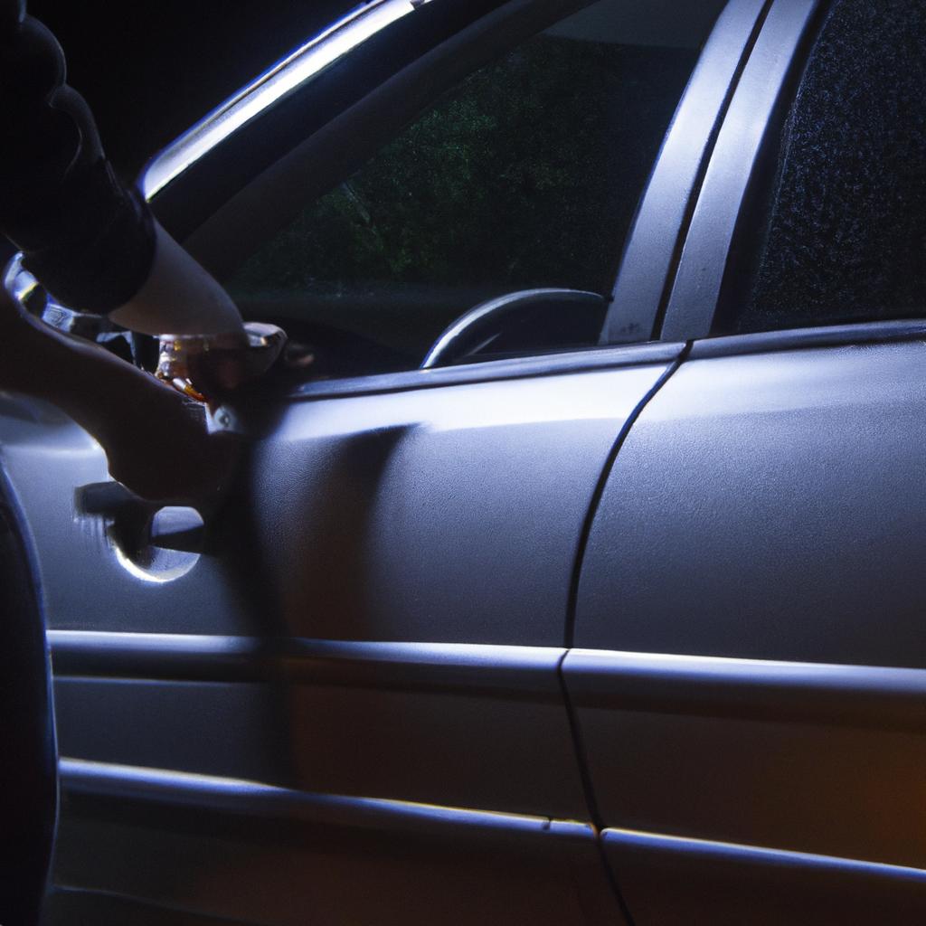 A criminal breaking into a car at night.