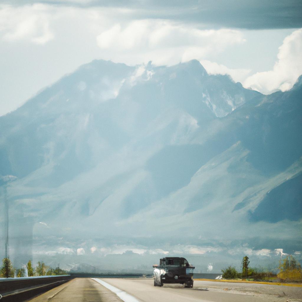Car driving on a highway with mountains in the background