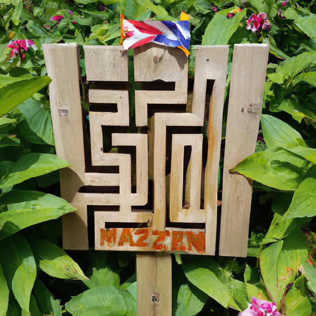 A beautiful wooden board with a carved flag maze surrounded by nature's beauty
