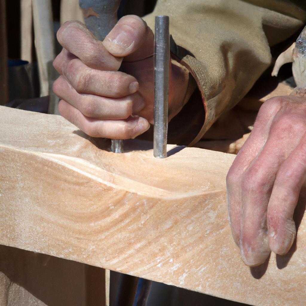 Detailed shot of a craftsman's hands carving a joint for a hand-built bridge beam.