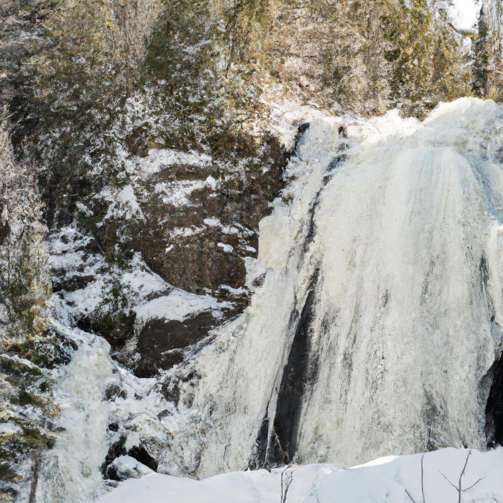 Visit Cascade River State Park and marvel at the stunning sight of a frozen waterfall amidst a winter wonderland
