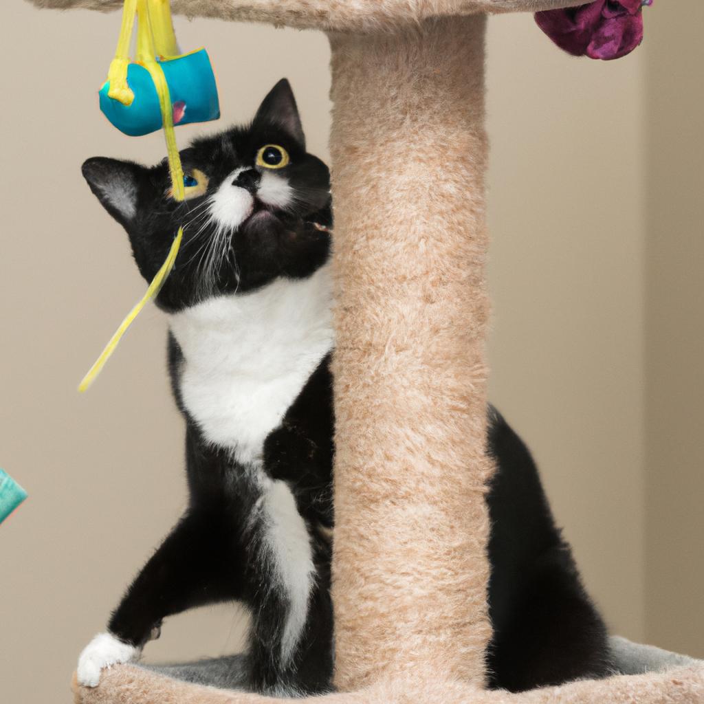 Add fun and interactive toys to your cat tree to keep your feline friend entertained