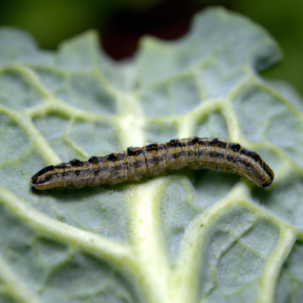 A green caterpillar is munching on a broccoli leaf in a vegetable garden