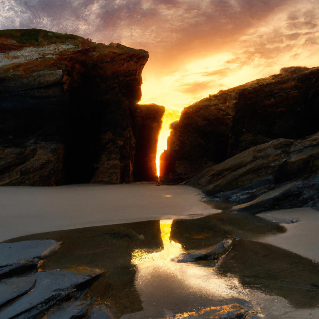 The breathtaking sunset at Cathedral Beach Galicia