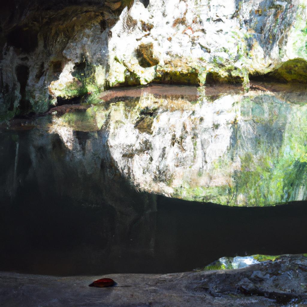 The serenity of a cave grotto with a beautiful reflection on the water.