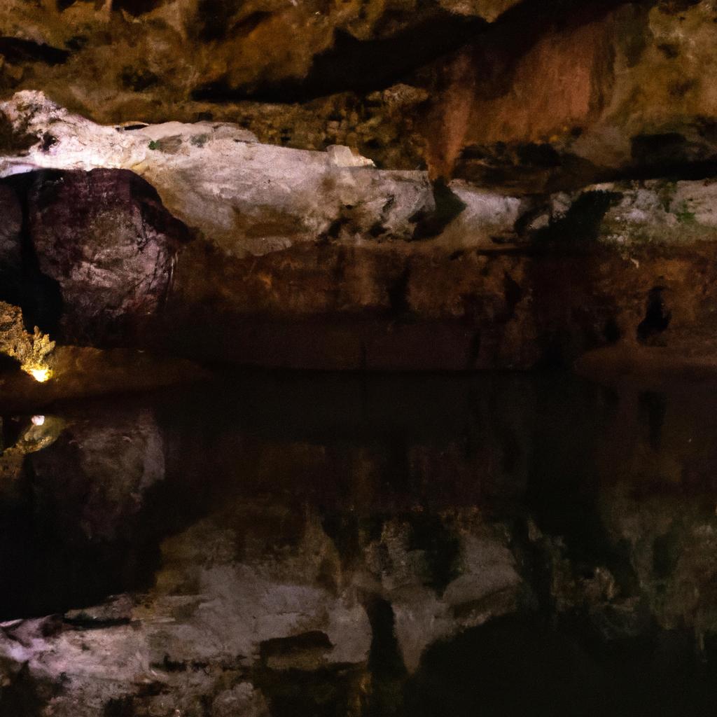 The breathtaking view of a cave grotto's underground lake and rock formations.