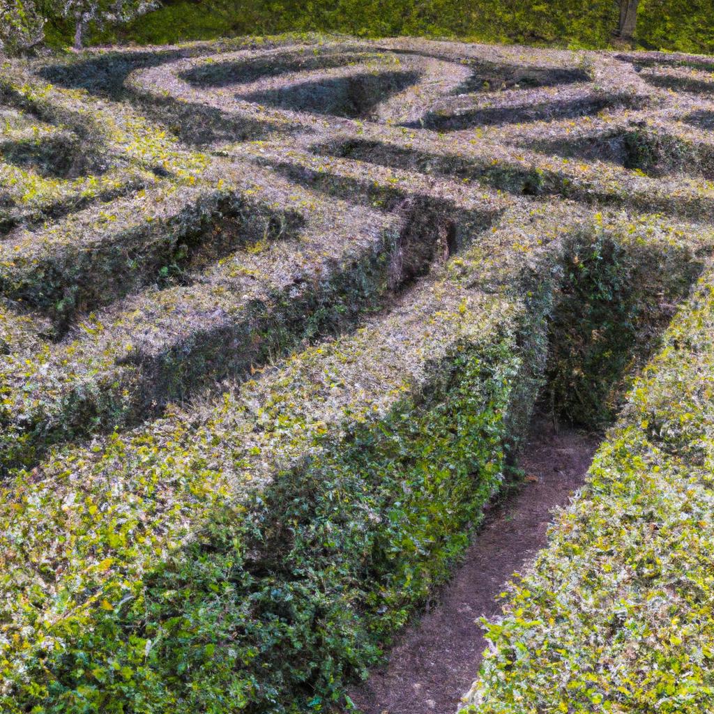 The challenging design of this hedge maze includes dead ends and false paths for visitors to navigate.