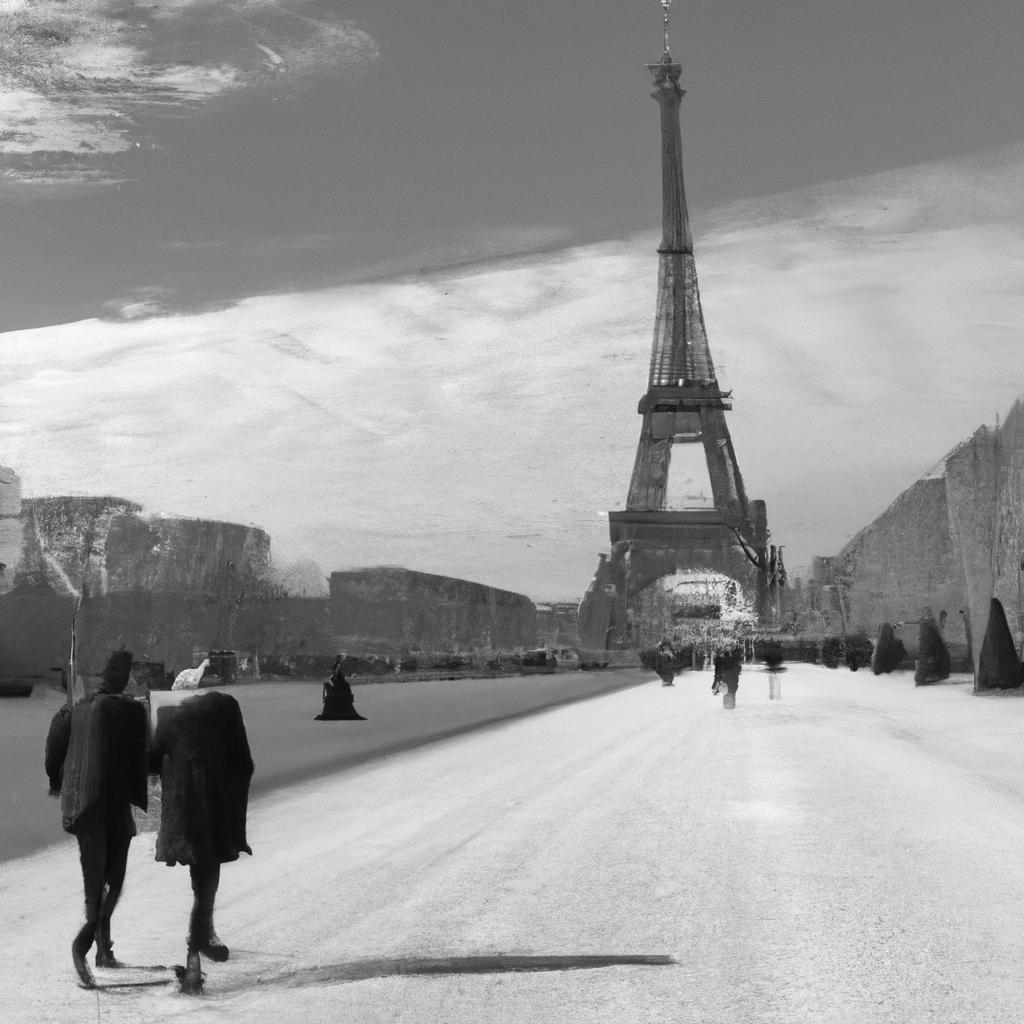 A couple strolling along the picturesque Champs de Mars with a stunning view of the Eiffel Tower