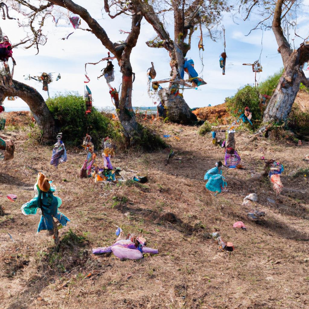 A chilling view: dolls hanging from trees and scattered on the ground on the Island of Dolls