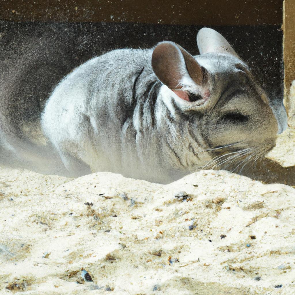 A chinchilla keeping its fur clean with a dust bath