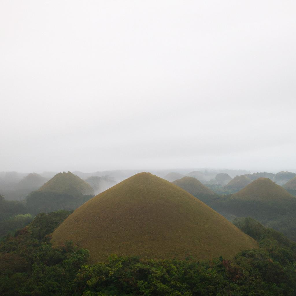 The Chocolate Hills look mystical during a misty morning, adding to their natural beauty.