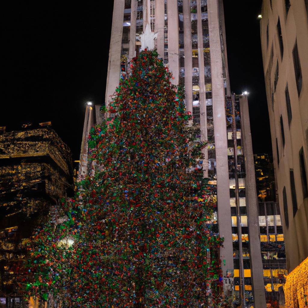 The world's tallest Christmas tree in {city name} stands proud in front of {famous landmark}, adding to the city's holiday charm.