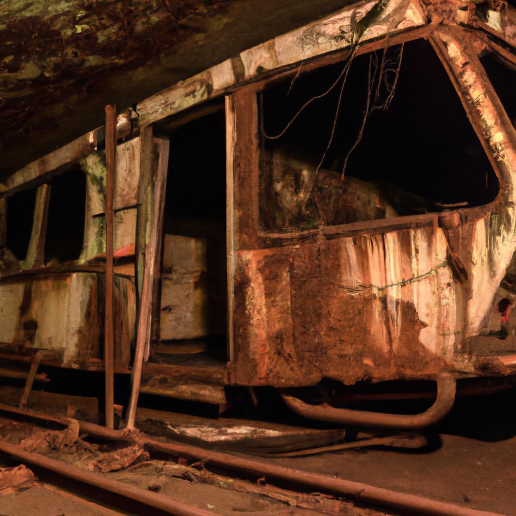 A rusted and forgotten train car in the abandoned subway tunnels beneath Cincinnati.