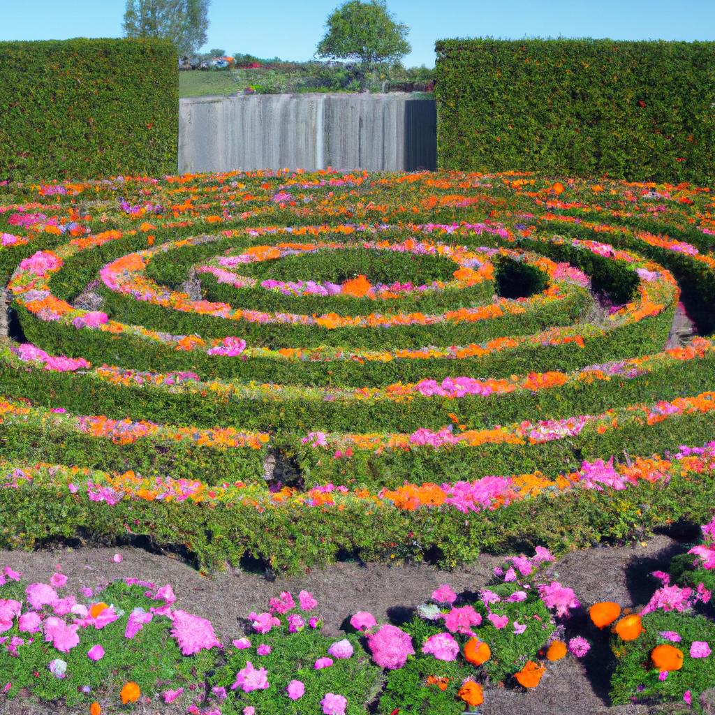 The circular design of this hedge maze draws visitors to the vibrant flowers in the center.