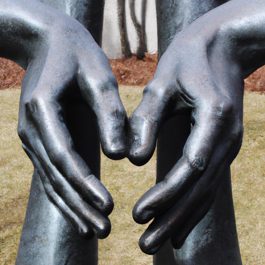Two big hand sculptures placed together in a serene garden setting.