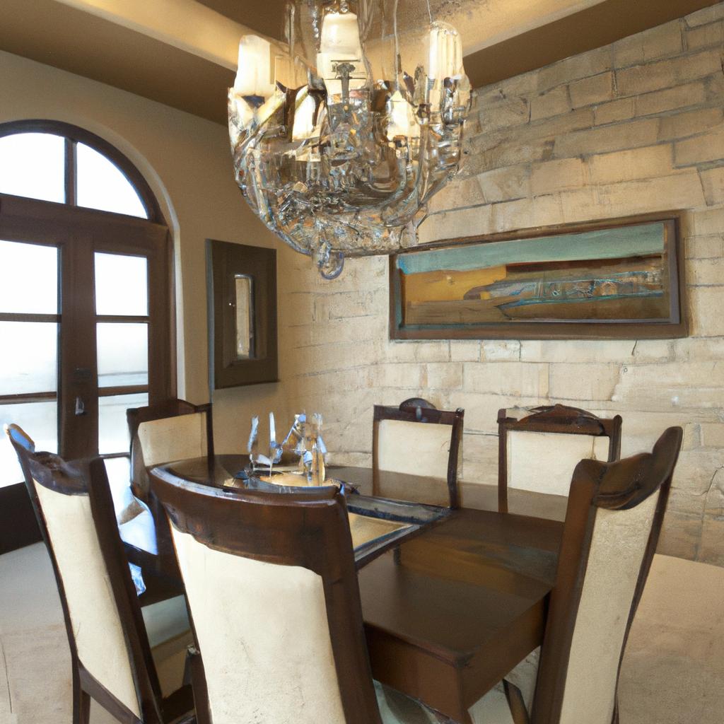 Elevate your dining experience with a Casa Stone table and elegant chandelier