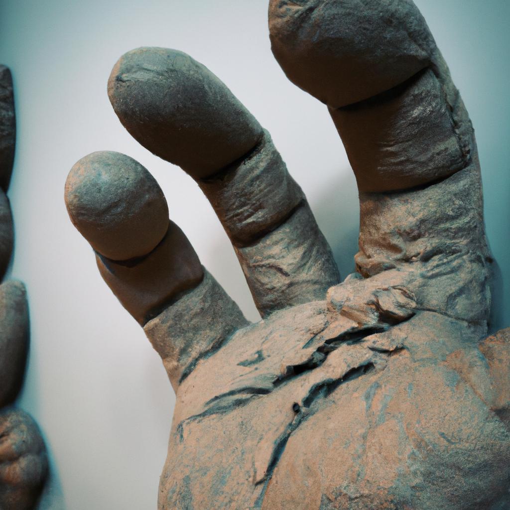 A primal clay hand statue on display in an art exhibit