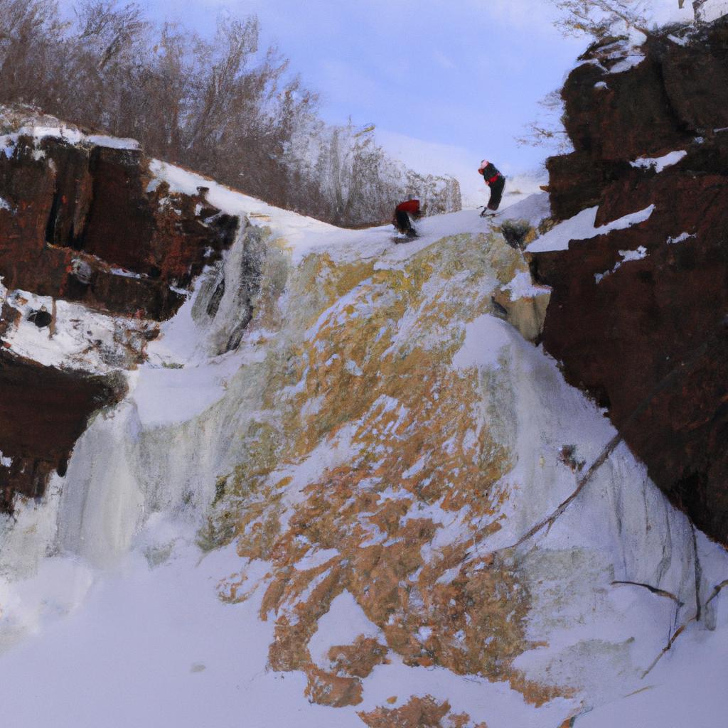 Adventurous climbers scaling a frozen waterfall in Minnesota on a winter day