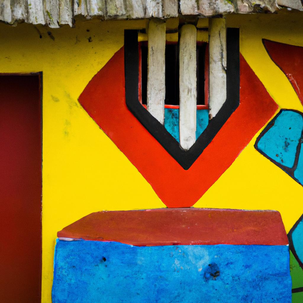 Close-up of an African house painted with bold and vibrant colors.